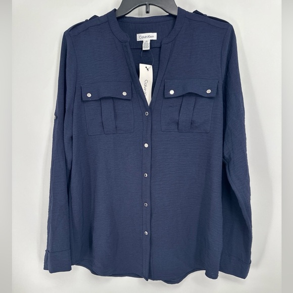 CALVIN KLEIN Textured Roll-Tab Blouse Top Sz Small Twilight Navy Blue New - Picture 2 of 6